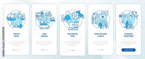 Quality time together blue onboarding mobile app screen. Walkthrough 5 steps graphic instructions pages with linear concepts. UI, UX, GUI template. Myriad Pro-Bold, Regular fonts used