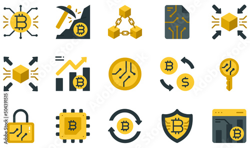 Set of Vector Icons Related to Cryptocurrency. Contains such Icons as Cryptocurrency, Mining, Blockchain, Smart Contracts, Centralized, Decentralized and more.