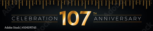107th anniversary. One hundred seven years birthday celebration horizontal banner with bright golden color.