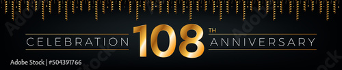 108th anniversary. One hundred eight years birthday celebration horizontal banner with bright golden color.