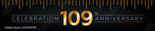 109th anniversary. One hundred nine years birthday celebration horizontal banner with bright golden color.