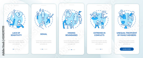 Features of dysfunctional families blue onboarding mobile app screen. Walkthrough 5 steps graphic instructions pages with linear concepts. UI, UX, GUI template. Myriad Pro-Bold, Regular fonts used