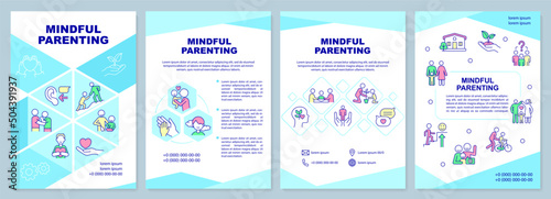 Mindful parenting brochure template. Family relationship. Leaflet design with linear icons. 4 vector layouts for presentation, annual reports. Arial-Black, Myriad Pro-Regular fonts used