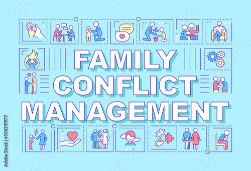 Family conflict management word concepts turquoise banner. Resolve problems. Infographics with icons on color background. Isolated typography. Vector illustration with text. Arial-Black font used