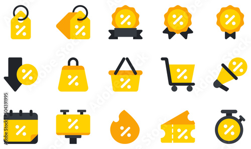 Set of Vector Icons Related to Discount. Contains such Icons as Tag, Discount, Promotion, Basket, Shopping, Hot Sale and more.