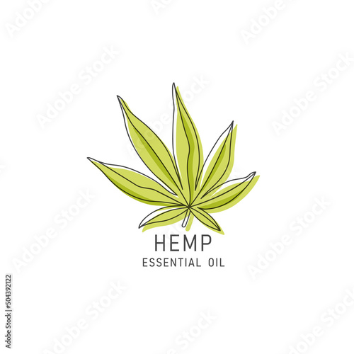 Vector packaging design element and icon in linear style - hemp oil - healthy vegan food. Logo sign.