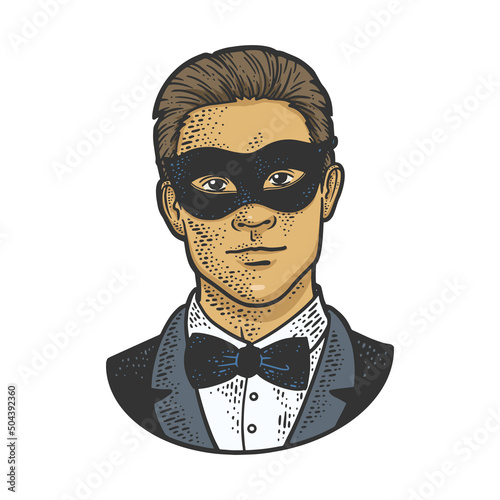 Man in black masquerade mask color sketch engraving vector illustration. T-shirt apparel print design. Scratch board imitation. Black and white hand drawn image.