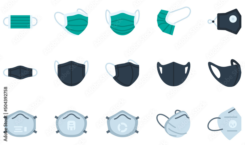 Set of Vector Icons Related to Protective Face Mask. Contains such Icons as Medical Mask, Cloth Mask, Sponge Mask, Respirator Mask, Face Mask, Mask and more. Set of Vector Icons Related to Protective Face Mask. Contains such Icons as Medical Mask, Cloth Mask, Sponge Mask, Respirator Mask, Face Mask, Mask and more.