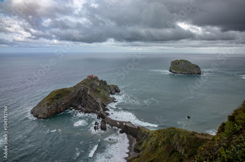San juan de gaztelugatxe island at basque country, Spain, Game of Thrones location, aerial view, dramatic clouds