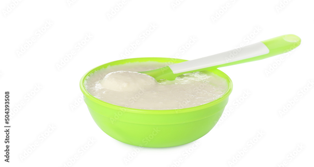 Healthy baby food in bowl on white background