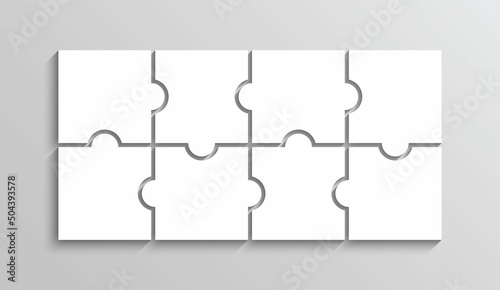 Jigsaw puzzle grid. Thinking mosaic game with 2x4 pieces. Laser cut frame. Simple background with 8 separate details. Vector illustration. Paper leisure toy.