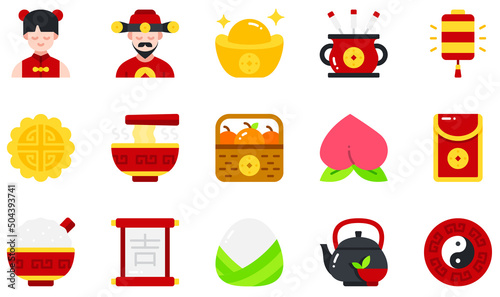 Set of Vector Icons Related to Chinese New Year. Contains such Icons as God Of Wealth, Gold, Incense Stick, Moon Cake, Peach, Red Envelope and more.