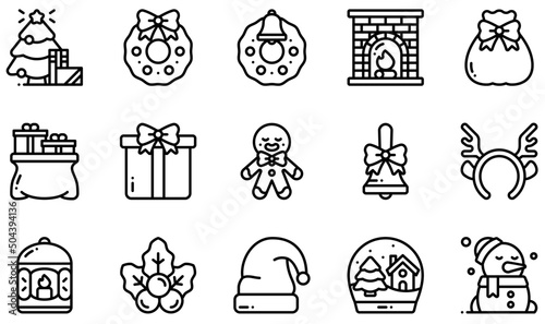 Set of Vector Icons Related to Christmas Decoration. Contains such Icons as Christmas Tree, Christmas Wreath, Fireplace, Gift Bag, Gingerbread, Handbell and more.