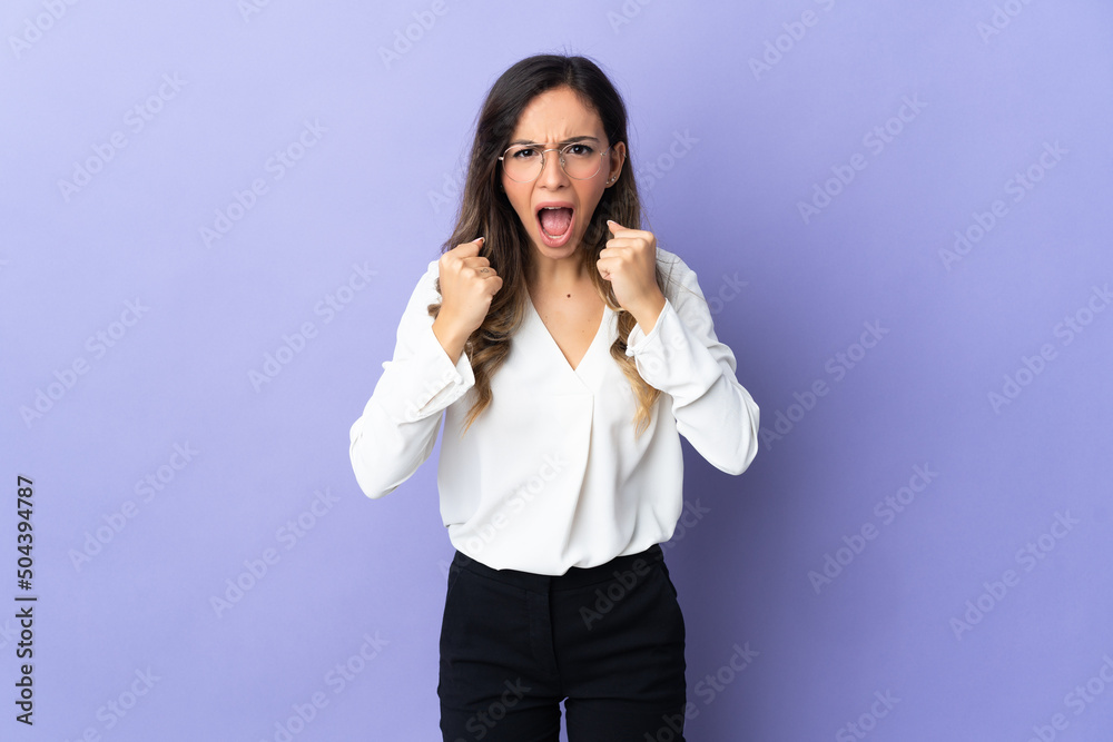 Young caucasian woman isolated on purple background frustrated by a bad situation Young caucasian woman isolated on purple background frustrated by a bad situation