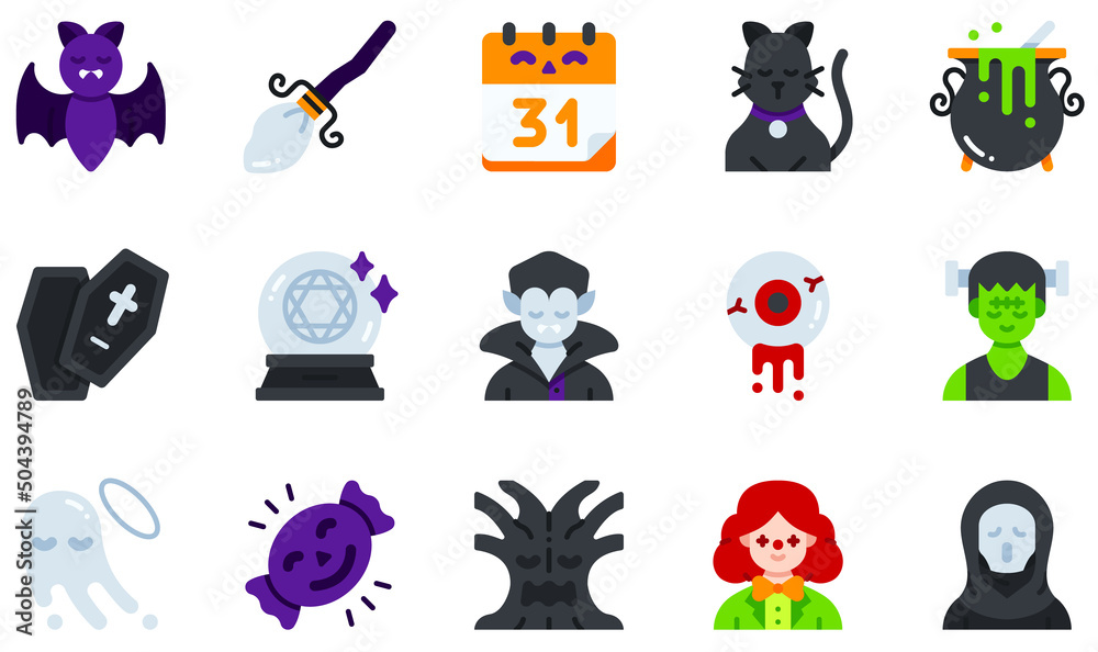 Fototapeta premium Set of Vector Icons Related to Halloween. Contains such Icons as Bat, Broomstick, Cat, Coffin, Crystal Ball, Ghost and more.