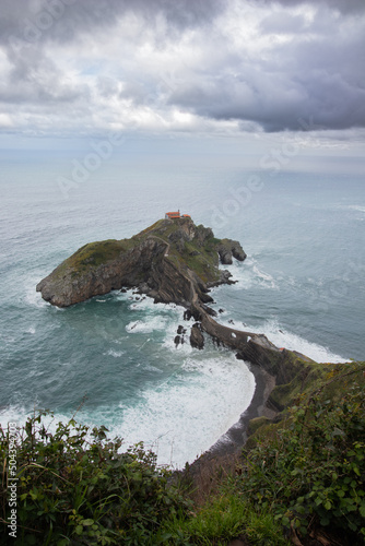 San juan de gaztelugatxe island at basque country, Spain, Game of Thrones location, aerial view, dramatic clouds