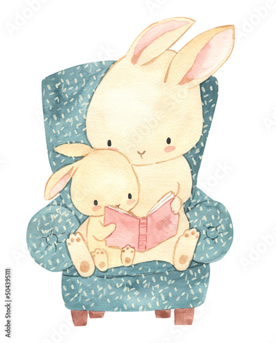 Watercolor Bunny mom and baby reading a book on a chair, illustration for kids