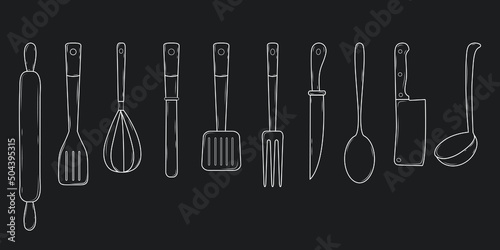 Vector set of cutlery. Ladle, whisk, rolling pin, various knives, kitchen shovels. Hand drawn vector illustration. Kitchen utensils