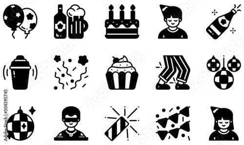 Set of Vector Icons Related to Party. Contains such Icons as Balloons, Birthday Cake, Champagne, Confetti, Disco, Garland and more.