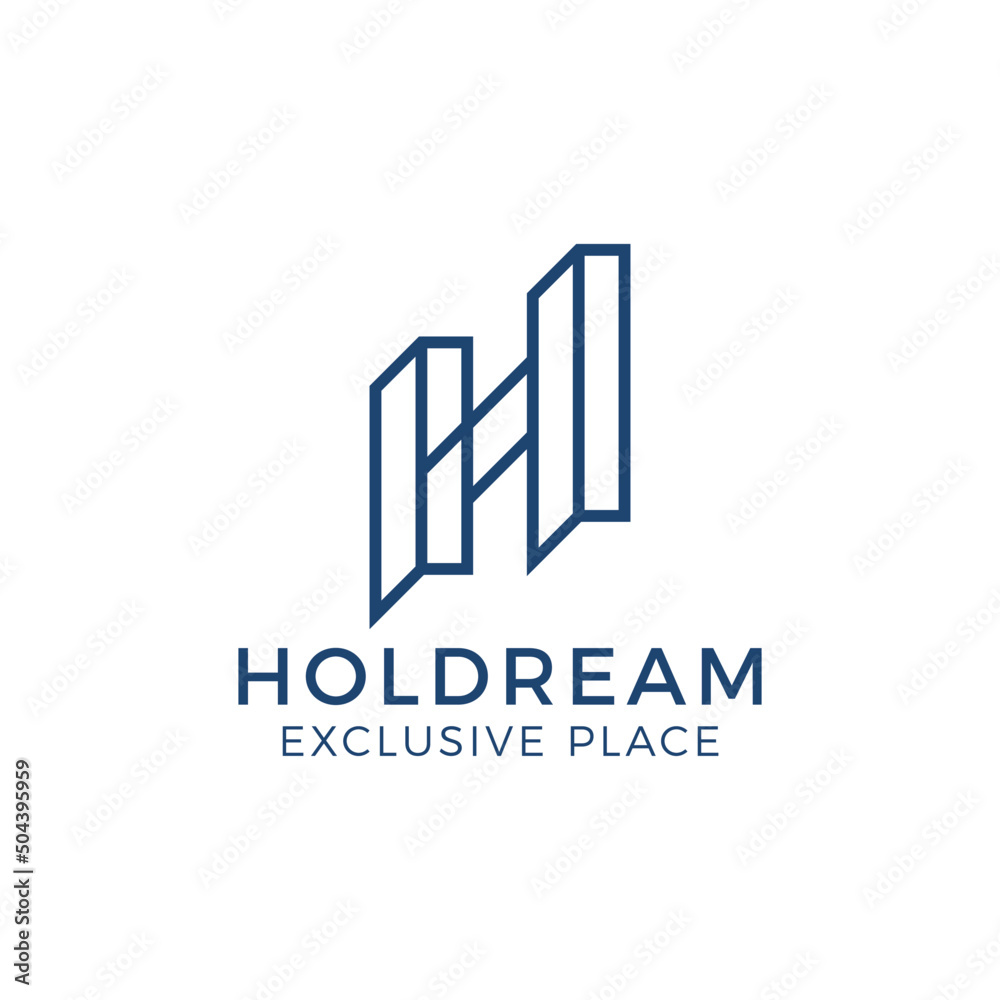 Letter H building logo design on rectangular line art. Initial H for real estate, hotel, apartement company logo Letter H building logo design on rectangular line art. Initial H for real estate, hotel, apartement company logo