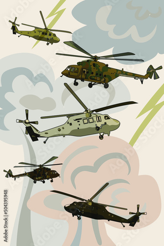 Icon set army helicopter. Civil and army military transport helicopters collection. Vector Helicopter isolated.