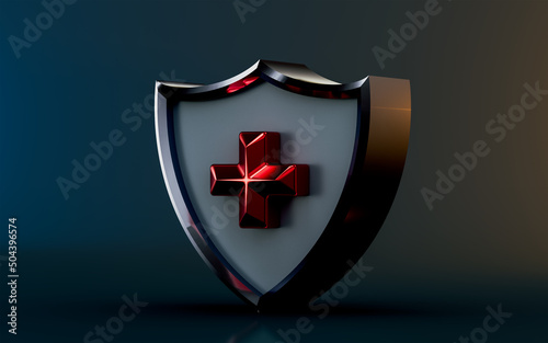 medical shield icon on dark background 3d render concept for healthcare and protection from virus