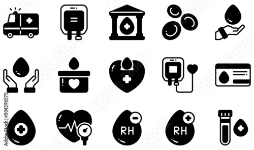Set of Vector Icons Related to Blood Donation. Contains such Icons as Blood Bag, Blood Bank, Blood Donation, Blood Donor Card, Blood Drop, Blood Pressure and more.