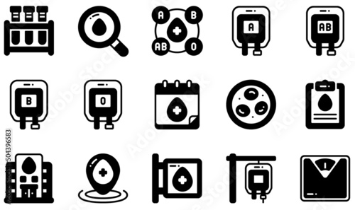 Set of Vector Icons Related to Blood Donation. Contains such Icons as Blood Test, Calendar, Erythrocytes, Health Report, Transfusion, Weight and more.