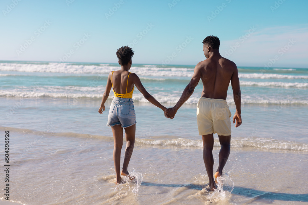 Fototapeta premium Rear view of african american young couple holding hands and walking towards sea against sky