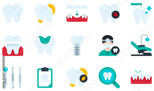 Set of Vector Icons Related to Dental. Contains such Icons as Broken Tooth, Decay, Dental Care, Dental Crown, Dental Filling, Dentist and more.