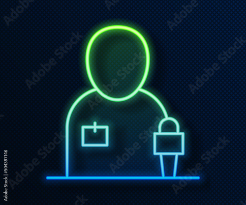 Glowing neon line Journalist news reporter with microphone icon isolated on blue background. Vector