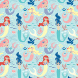 Seamless pattern with cute mermaids