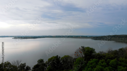 Breathtaking aerial view of a large beautiful lake in the morning. Ukraine