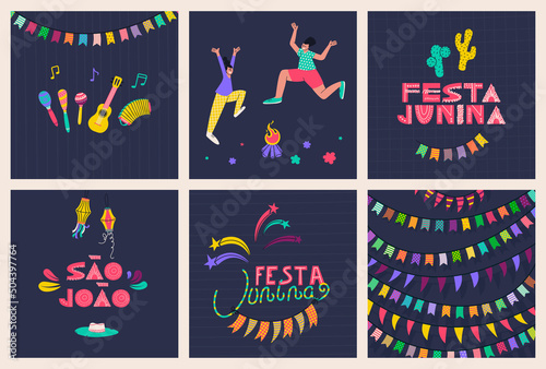 Set of designs for postcards and posters for the celebration of feast of St. John. Text in portuguese São João - Saint John, festa junina - june party. Vector illustration.