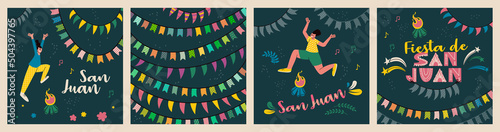 Set of designs for postcards or posters for the celebration of Saint Juan. Text in Spanish Fiesta de San Juan (Feast of Saint John). People are jumping over bonfire, fireworks and decorative flags photo