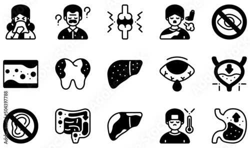 Set of Vector Icons Related to Diseases. Contains such Icons as Allergy, Alzheimer, Arthritis, Asthma, Blindness, Cholesterol and more.