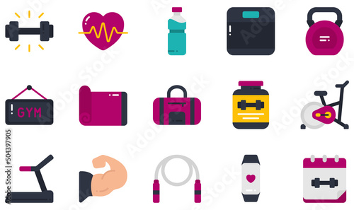 Set of Vector Icons Related to Fitness. Contains such Icons as Dumbbell, Heartbeat, Kettlebell, Yoga Mat, Cycling, Jump Rope and more.