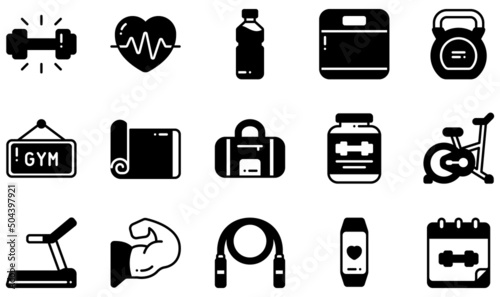 Set of Vector Icons Related to Fitness. Contains such Icons as Dumbbell, Heartbeat, Kettlebell, Yoga Mat, Cycling, Jump Rope and more.