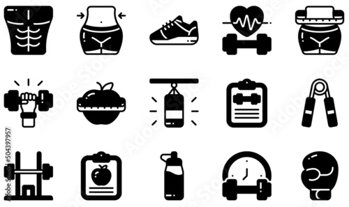 Set of Vector Icons Related to Fitness. Contains such Icons as Six Pack, Waist, Waist, Dumbbell, Boxing Bag, Boxing Bag and more.