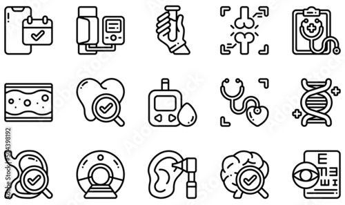 Set of Vector Icons Related to Health Checkup. Contains such Icons as Appointment, Blood Pressure, Blood Test, Checkup, Heart Check, Eye Exam and more.