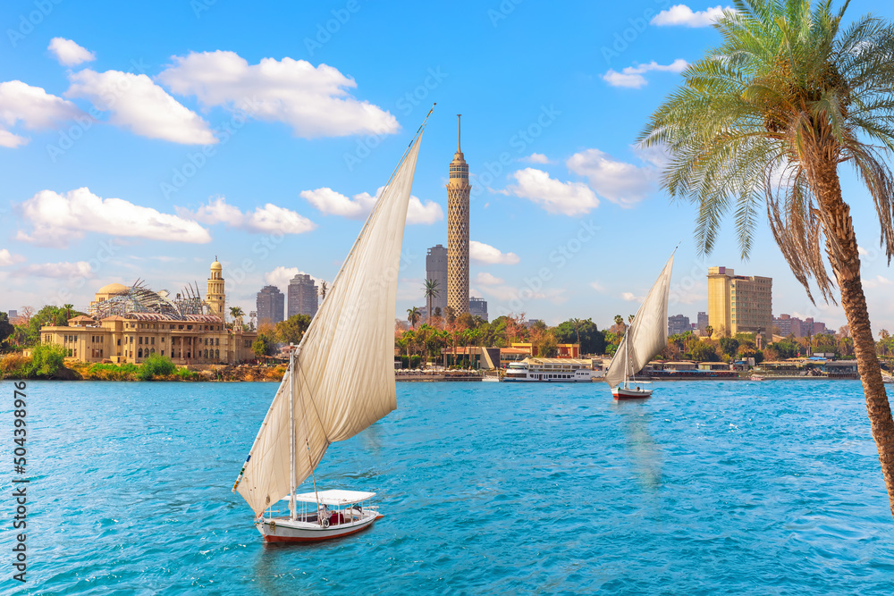 Feluccas in the Nile in front of the Tower of Cairo, Egypt