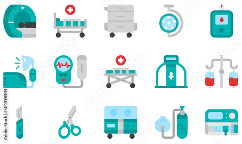 Set of Vector Icons Related to Medical Equipment. Contains such Icons as Mri, Trolley, Glucose Meter, Nebulizer, Stretcher, Scalpel and more.