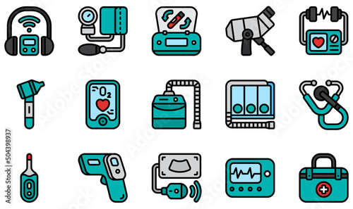 Set of Vector Icons Related to Medical Equipment. Contains such Icons as Audiometer, Blood Pressure, Centrifuge, Colposcope, Defibrillator, Otoscope and more.