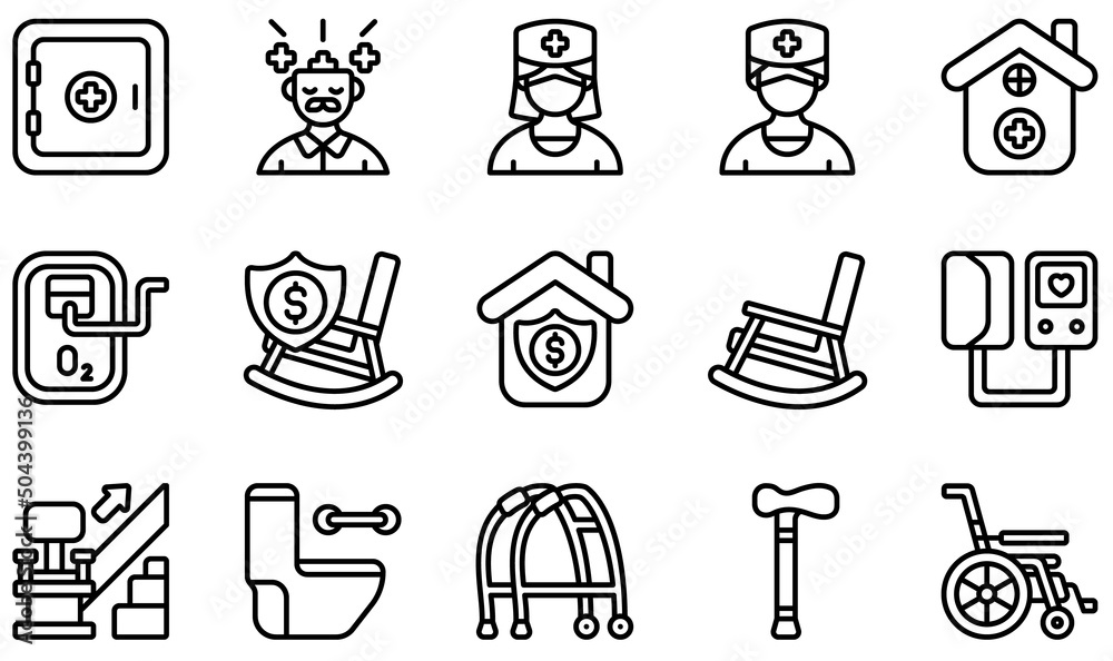 Set of Vector Icons Related to Nursing Home. Contains such Icons as Mental Health, Nurse, Nursing Home, Retirement, Rocking Chair, Stair and more. Set of Vector Icons Related to Nursing Home. Contains such Icons as Mental Health, Nurse, Nursing Home, Retirement, Rocking Chair, Stair and more.