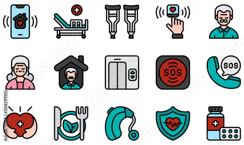 Set of Vector Icons Related to Nursing Home. Contains such Icons as Application, Bed, Crutches, Pulse Oximeter, Elderly, Emergency Call and more.