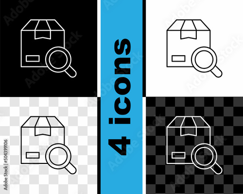 Set line Search package icon isolated on black and white, transparent background. Parcel tracking symbol. Magnifying glass and cardboard box. Logistic and delivery. Vector