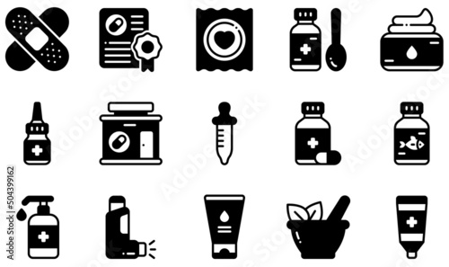 Set of Vector Icons Related to Pharmacy. Contains such Icons as Band Aid, Cough, Cream, Drugstore, Fish Oil, Inhaler and more.