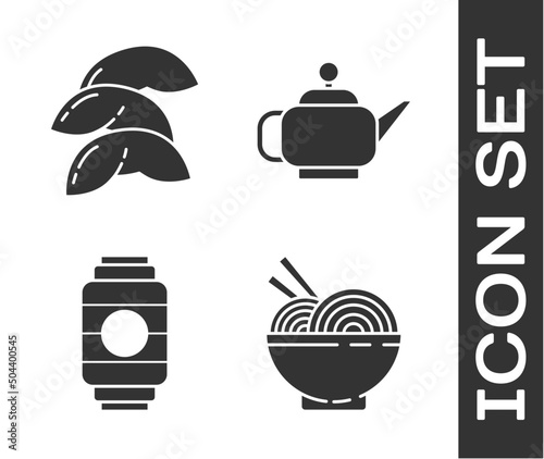 Set Asian noodles in bowl and chopsticks, Chinese fortune cookie, Japanese paper lantern and Japanese tea ceremony icon. Vector