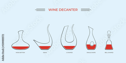 Wine accessories. Wine decanter types guide set, silhouettes flat vector illustration. Isolated. Alcohol consumption. Wine glassware. Drinking wine. Oxygenating wine. Correctly pouring wine. Sommelier
