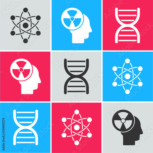 Set Atom, Human head and a radiation and DNA symbol icon. Vector